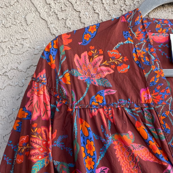 FARM RIO PETITE ANTHRO Floral Bird Printed Belted Puff Sleeve Tiered Mini Dress - Picture 12 of 17